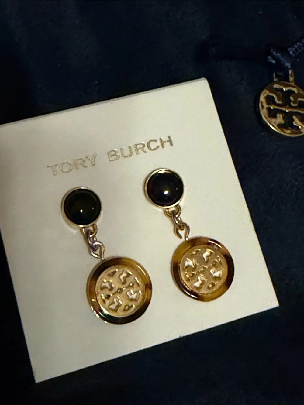 Tory Burch Gold and Black Logo Drop Earrings
